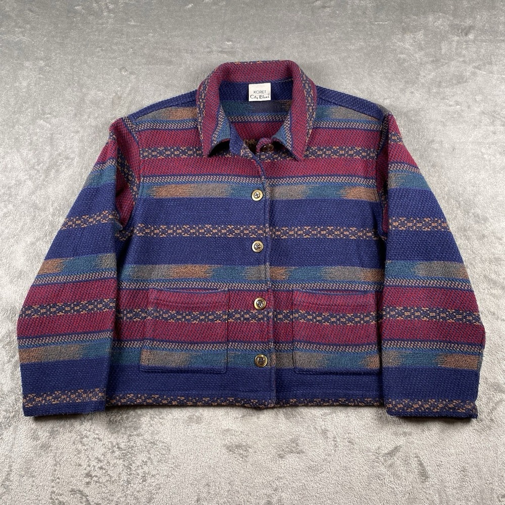 VTG Collared Jacket Womens Sz M Red Blue Woven Boxy Southwestern Metal‎ Buttons